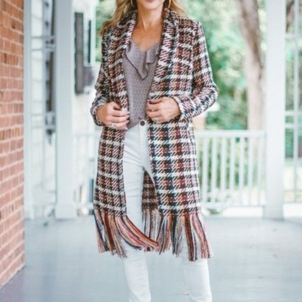 Cabi Regencry Multi Color Plaid‎ Fringe Tweed Long Coat Size XS Wool Blend